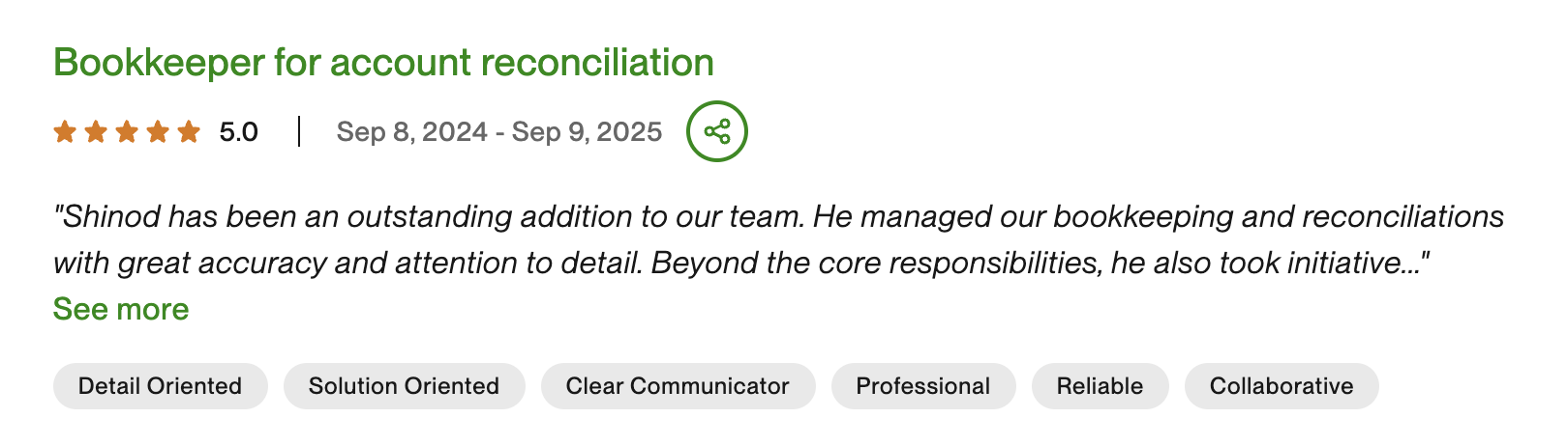 Upwork review — Bookkeeper for account reconciliation — 5 star rating