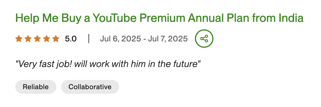 Upwork review — Help Me Buy a YouTube Premium Plan — 5 star rating