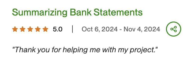 Upwork review — Summarizing Bank Statements — 5 star rating
