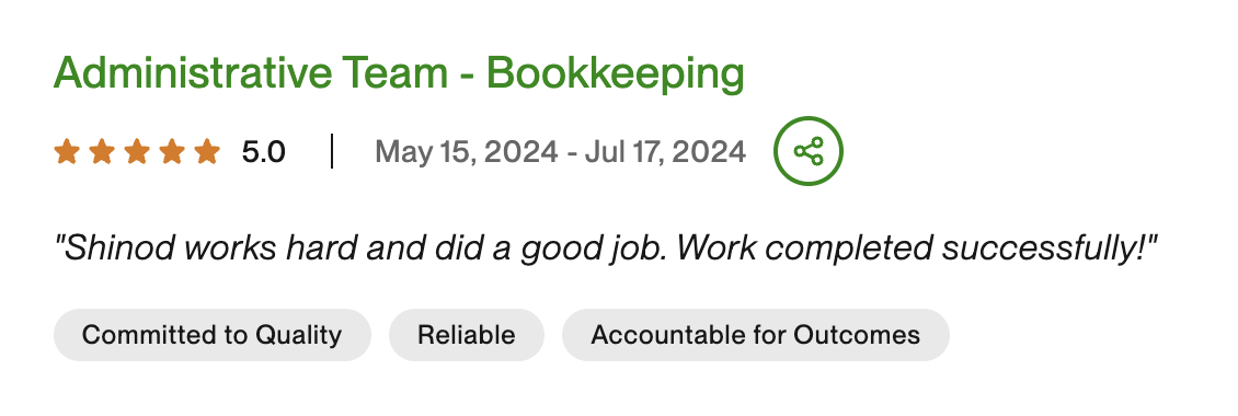 Upwork review — Administrative Team Bookkeeping — 5 star rating