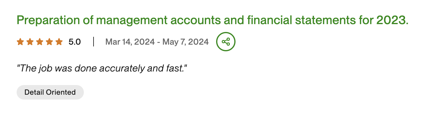 Upwork review — Prep of management accounts and financial statements — 5 star rating