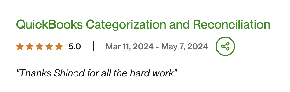 Upwork review — QuickBooks Categorization and Reconciliation — 5 star rating