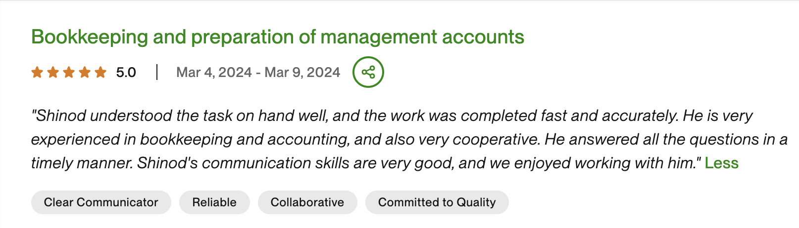 Upwork review — Bookkeeping and preparation of management accounts — 5 star rating